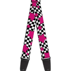 Guitar Strap - Checker & Stars Black White Pink