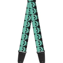 Guitar Strap - Checker & Stripe Skulls Black White Green