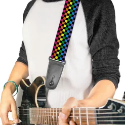 Guitar Strap - Checker Black Neon Rainbow