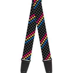 Guitar Strap - Checker Stripe Black Gray Blue Gold Pink