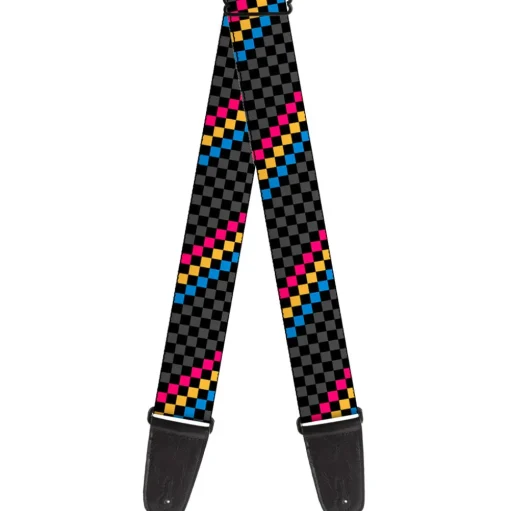 Guitar Strap - Checker Stripe Black Gray Blue Gold Pink