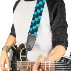 Guitar Strap - Checker Trio Baby Blue Black Turquoise