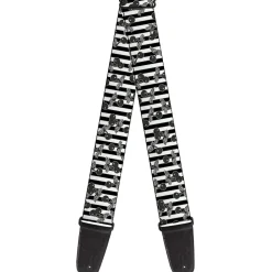Guitar Strap - Cherries Scattered Vertical Stripe White Black Grays