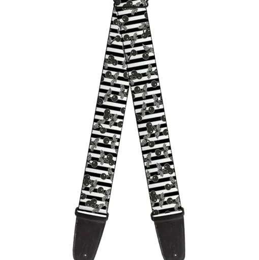 Guitar Strap - Cherries Scattered Vertical Stripe White Black Grays