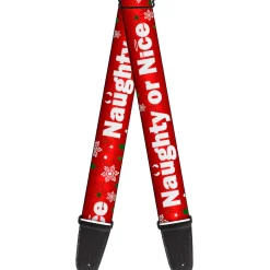 Guitar Strap - Christams NAUGHTY OR NICE Snowflakes Reds White Green