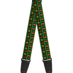 Guitar Strap - Christmas Sweater Stitch Green White Gold Red