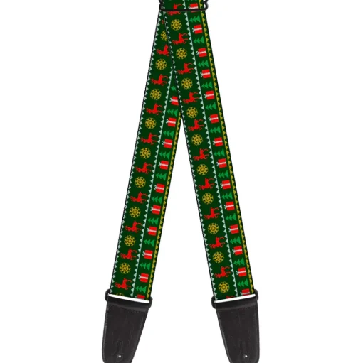 Guitar Strap - Christmas Sweater Stitch Green White Gold Red