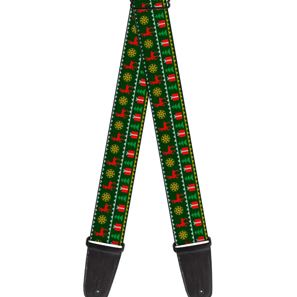 Guitar Strap - Christmas Sweater Stitch Green White Gold Red