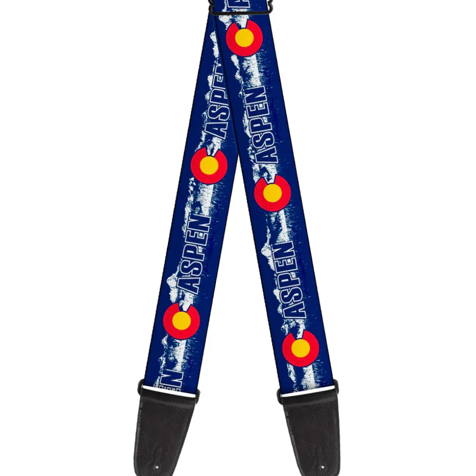 Guitar Strap - Colorado ASPEN Flag Snowy Mountains Weathered2 Blue White Red Yellows