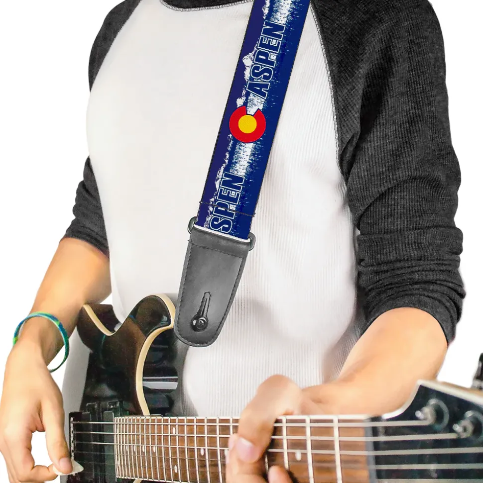 Guitar Strap - Colorado ASPEN Flag Snowy Mountains Weathered2 Blue White Red Yellows
