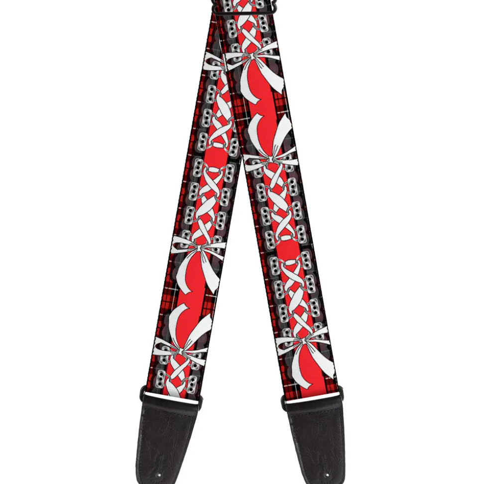 Guitar Strap - Corset Lace Up w Bow Red Plaid Red