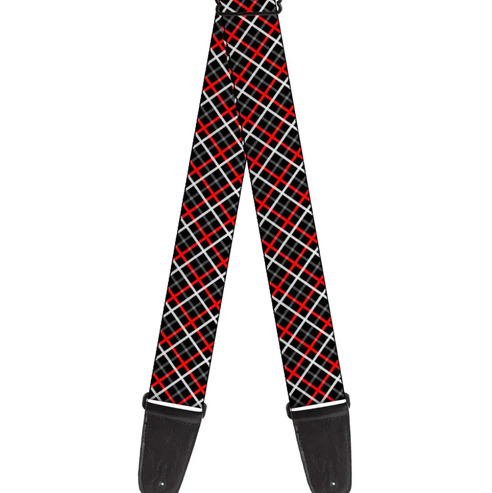Guitar Strap - Criss Cross Plaid Black Gray Red