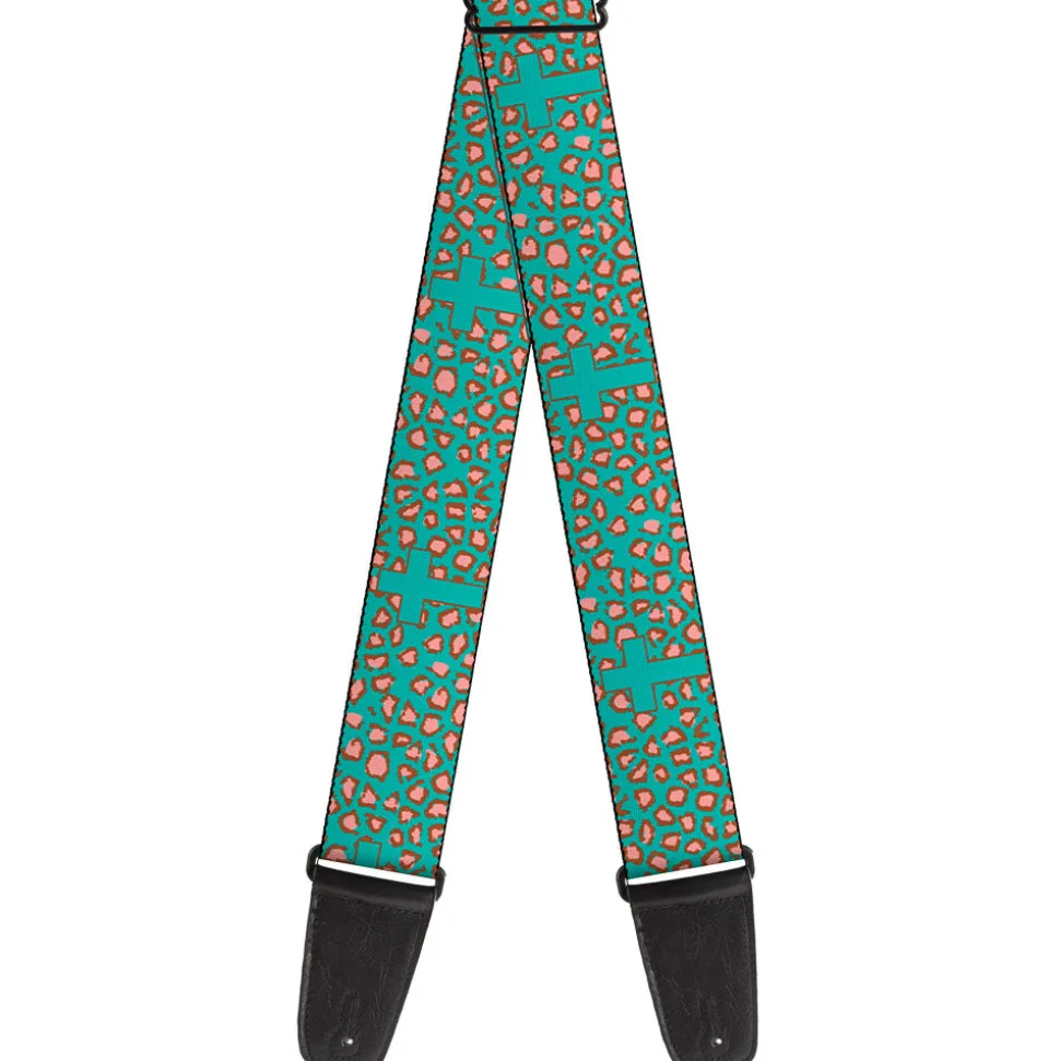 Guitar Strap - Cross Repeat Leopard Turquoise Pink
