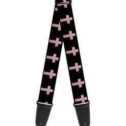 Guitar Strap - Cross Repeat Black Leopard Brown Pink Outline