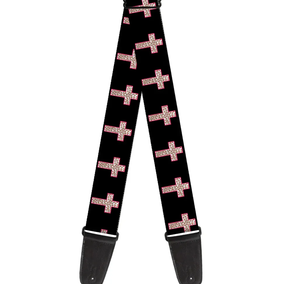 Guitar Strap - Cross Repeat Black Leopard Brown Pink Outline