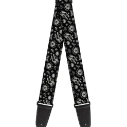 Guitar Strap - Cruella Rebel Heart Badge and Icon Collage Black White