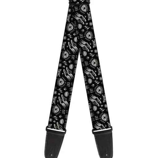 Guitar Strap - Cruella Rebel Heart Badge and Icon Collage Black White