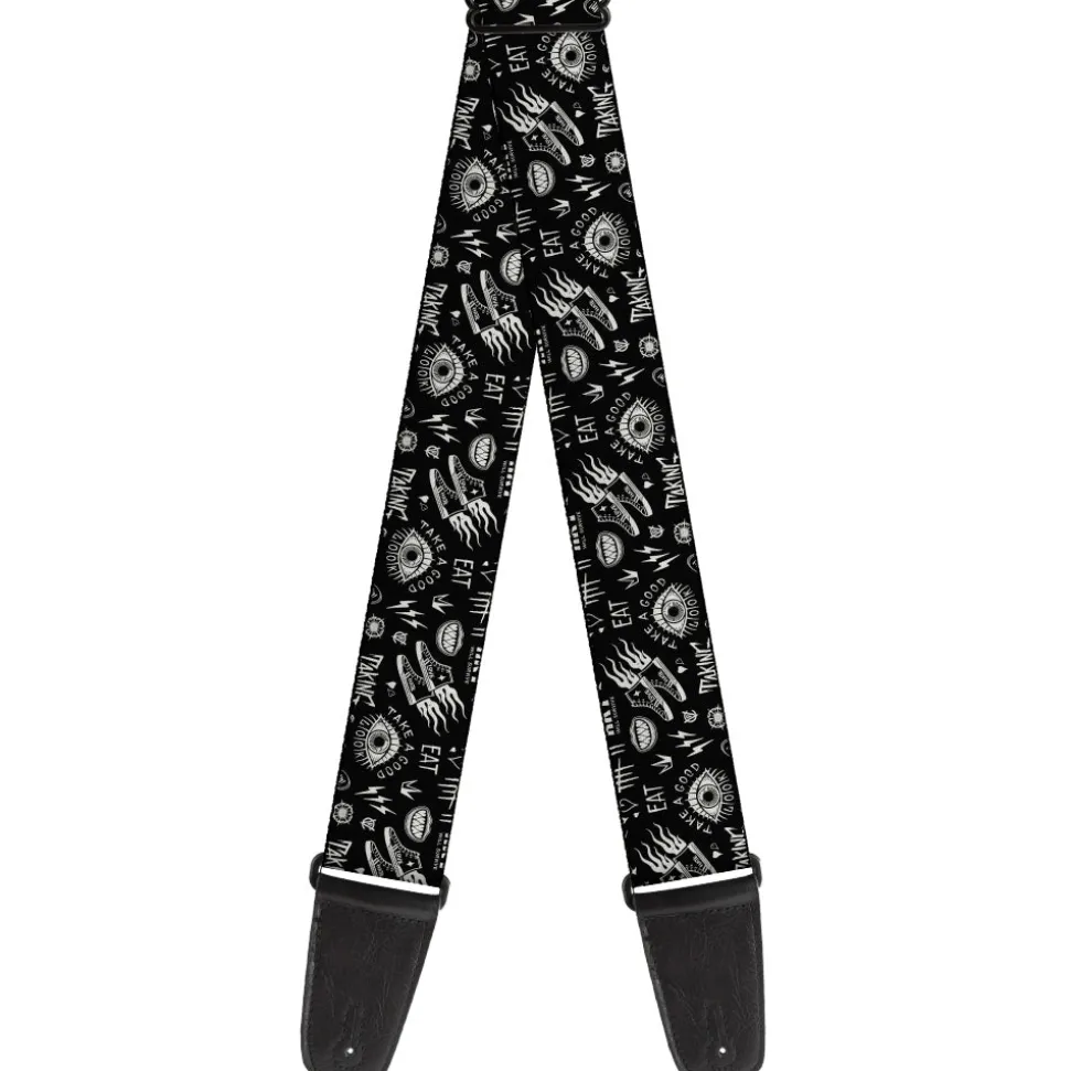 Guitar Strap - Cruella Rebel Heart Badge and Icon Collage Black White