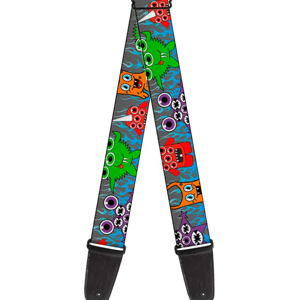 Guitar Strap - Cute Monsters Gray Flame Blue
