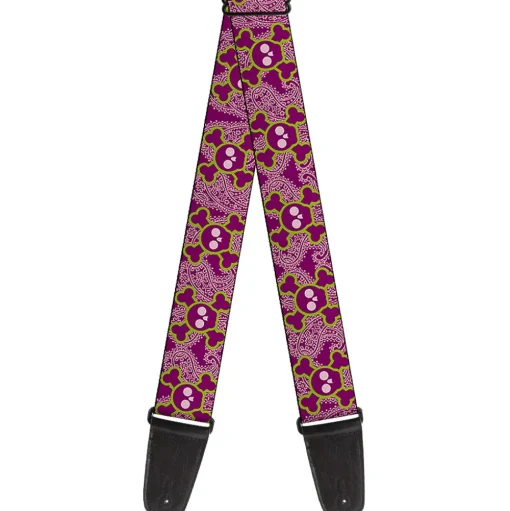 Guitar Strap - Cute Skulls w Paisley Purple Pink Green