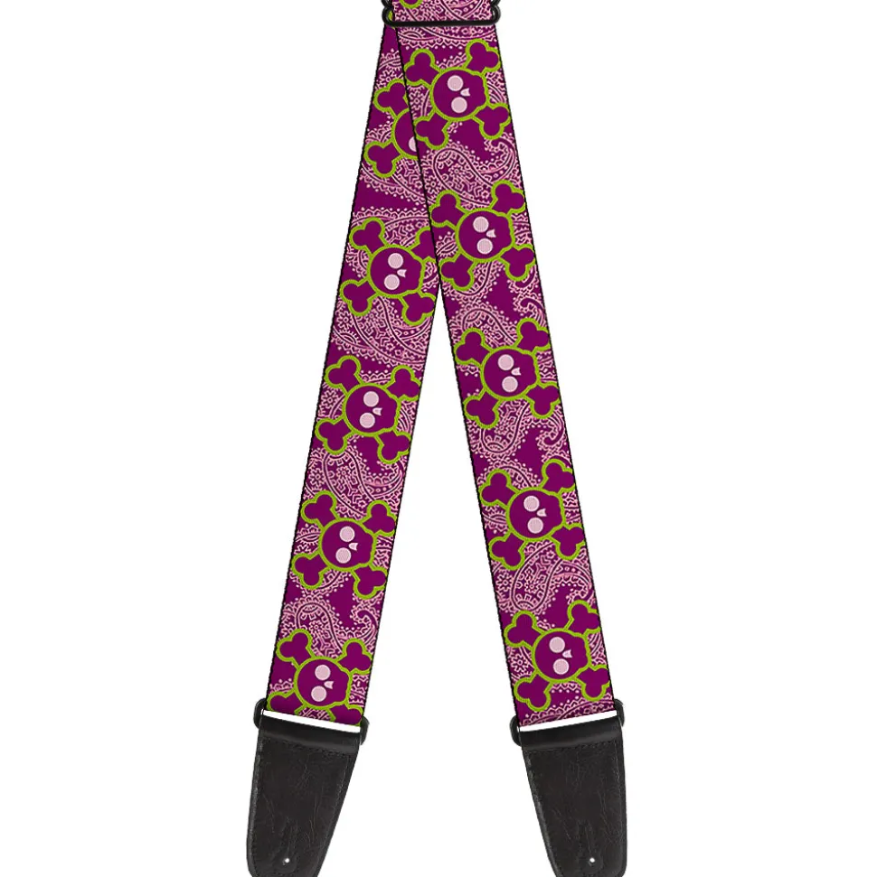 Guitar Strap - Cute Skulls w Paisley Purple Pink Green