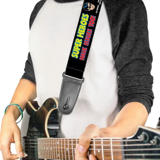 Guitar Strap - DC Originals SUPER HEROES HAVE ISSUES TOO! Faces Issues Black