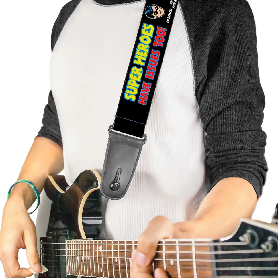 Guitar Strap - DC Originals SUPER HEROES HAVE ISSUES TOO! Faces Issues Black
