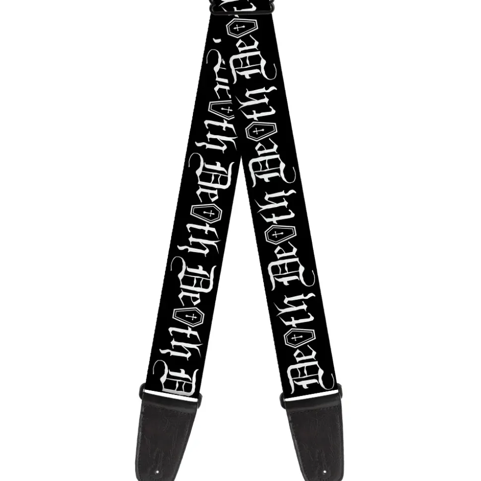 Guitar Strap - DEATH w Coffin Old English Black White