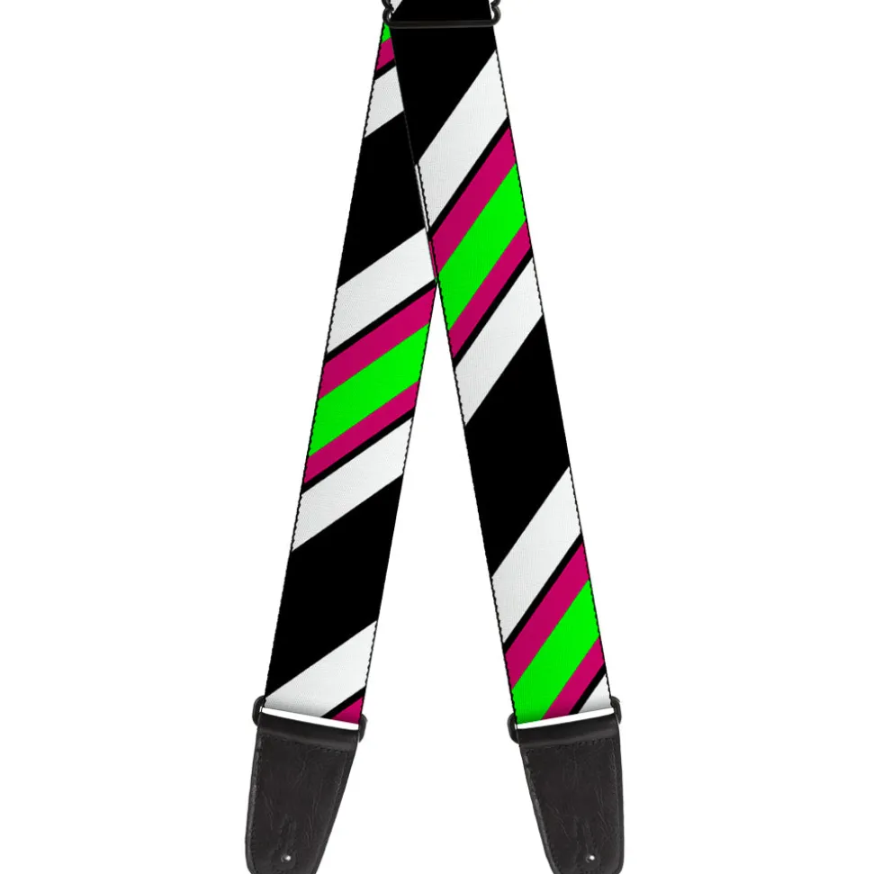 Guitar Strap - Diagonal Stripes Black White Pink Green