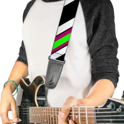 Guitar Strap - Diagonal Stripes Black White Pink Green
