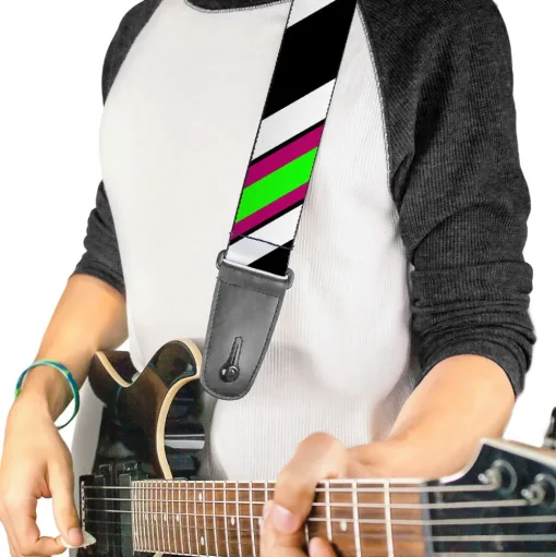 Guitar Strap - Diagonal Stripes Black White Pink Green