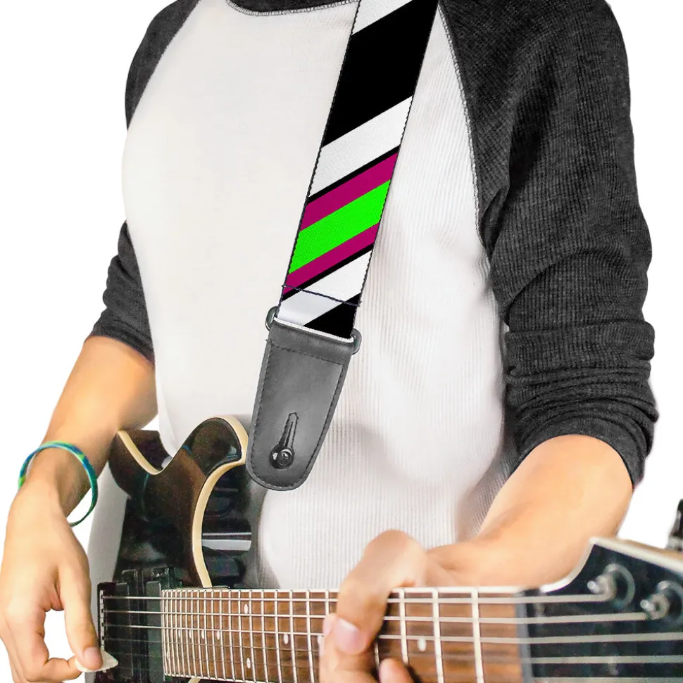 Guitar Strap - Diagonal Stripes Black White Pink Green