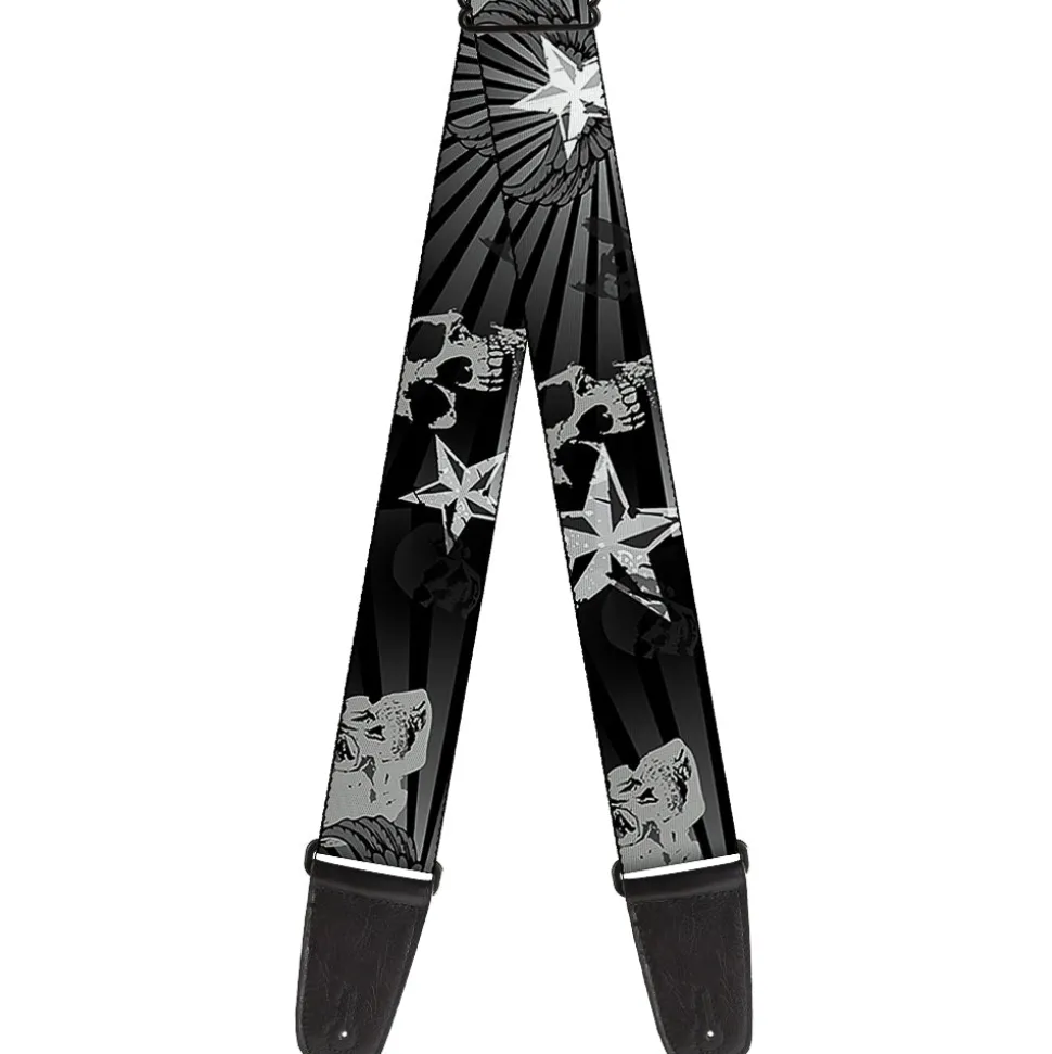 Guitar Strap - Die Hard Skulls & Stars1 Black Grays