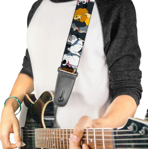 Guitar Strap - Disney Dogs 6-Dog Group Collage/Paws Gray/Black