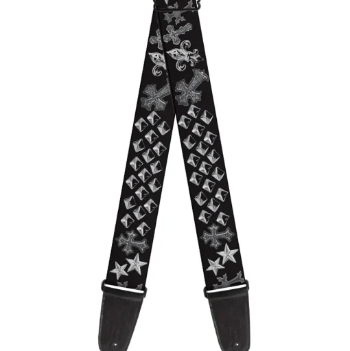 Guitar Strap - Elegant Crosses Stars Studs Black Grays
