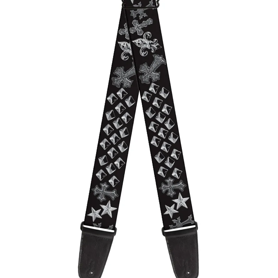 Guitar Strap - Elegant Crosses Stars Studs Black Grays