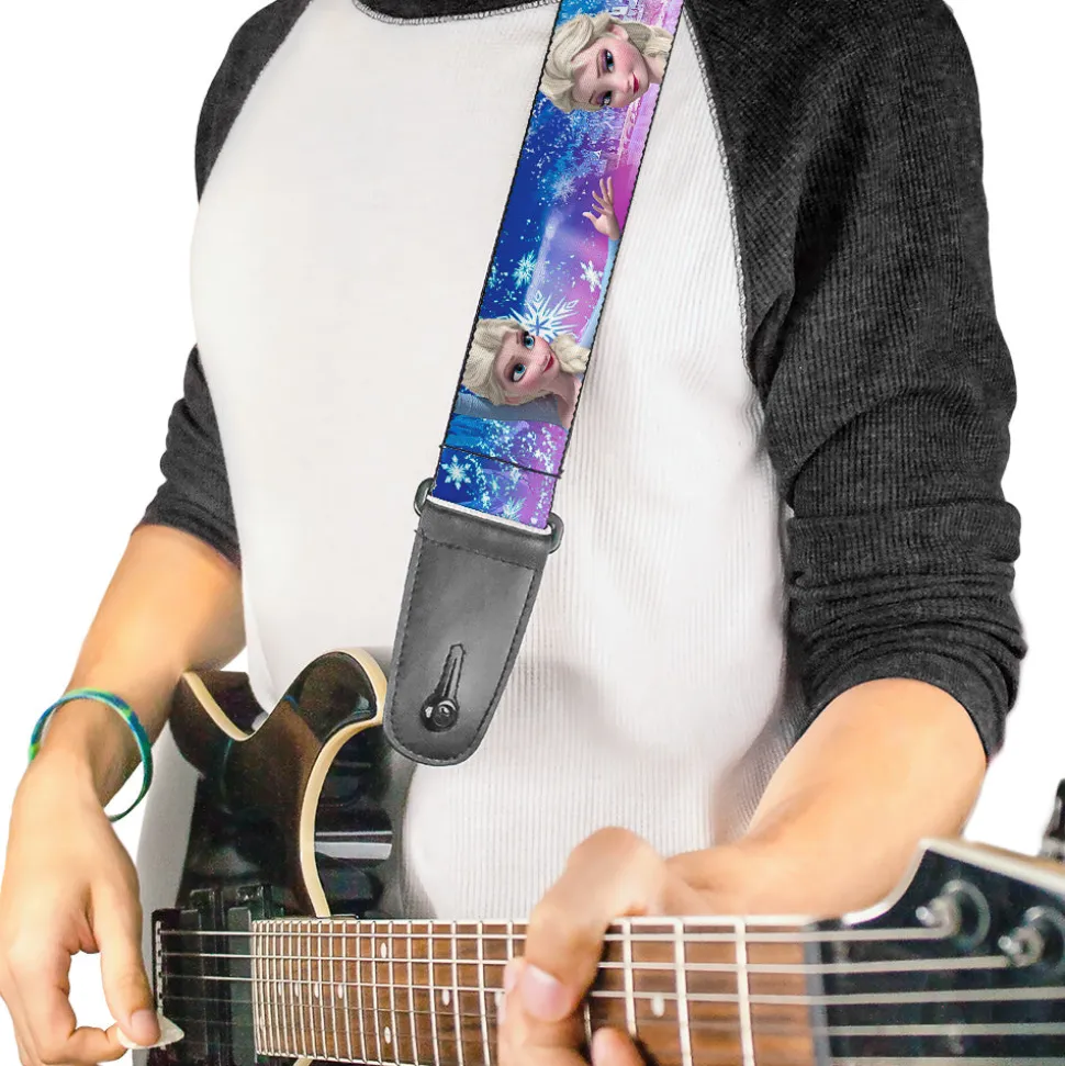 Guitar Strap - Elsa the Snow Queen Poses Castle & Snowy Mountains Blue-Pink Fade
