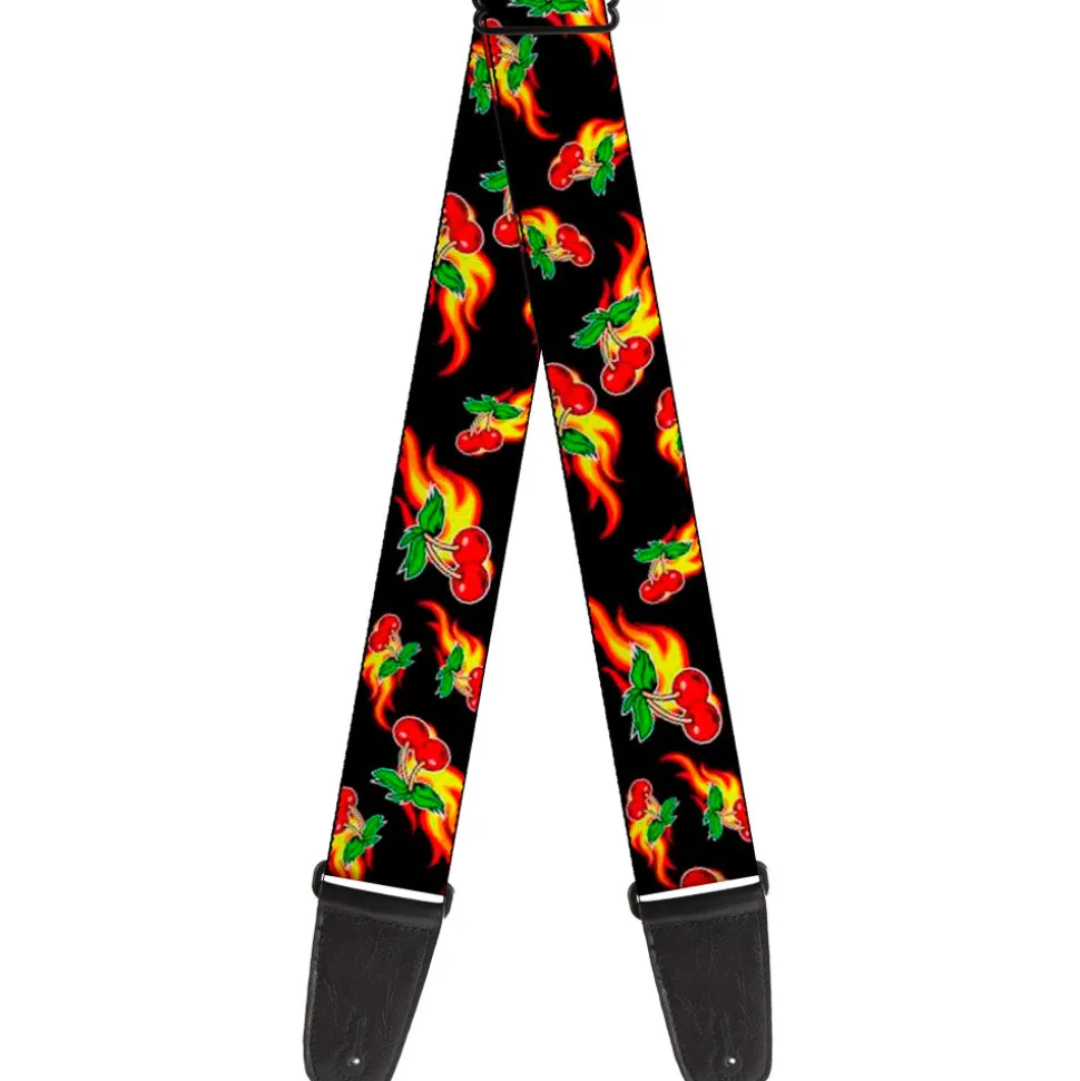 Guitar Strap - Flaming Cherries Scattered Black