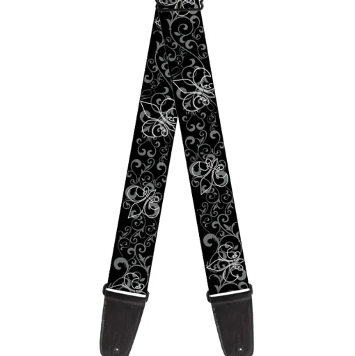 Guitar Strap - Fleur-de-Lis Outline w Filigree Black Gray
