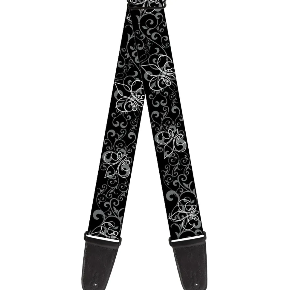 Guitar Strap - Fleur-de-Lis Outline w Filigree Black Gray