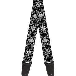 Guitar Strap - Floral Collage Black Gray White