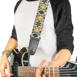 Guitar Strap - Floral Collage Tan Blue