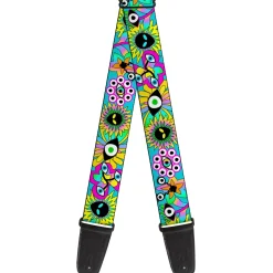 Guitar Strap - Funky Alien Flowers Aqua Blue/Multi Color