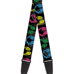 Guitar Strap - Headphones Buffalo Plaid Black Neon