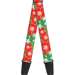 Guitar Strap - Hibiscus & Plumerias Turquoise Greed Red White