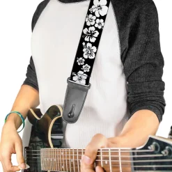 Guitar Strap - Hibiscus Black White