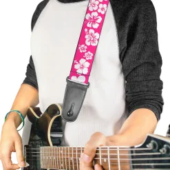 Guitar Strap - Hibiscus Neon Pink White