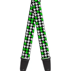 Guitar Strap - Houndstooth Black White Neon Green