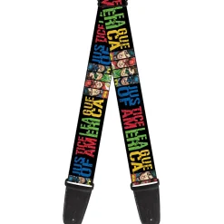 Guitar Strap - JUSTICE LEAGUE OF AMERICA w Superhero Blocks Black Multi Color