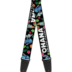 Guitar Strap - Lilo & Stitch OHANA MEANS FAMILY/Stitch & Scrump Poses/Tropical Flora Black/White/Multi Color